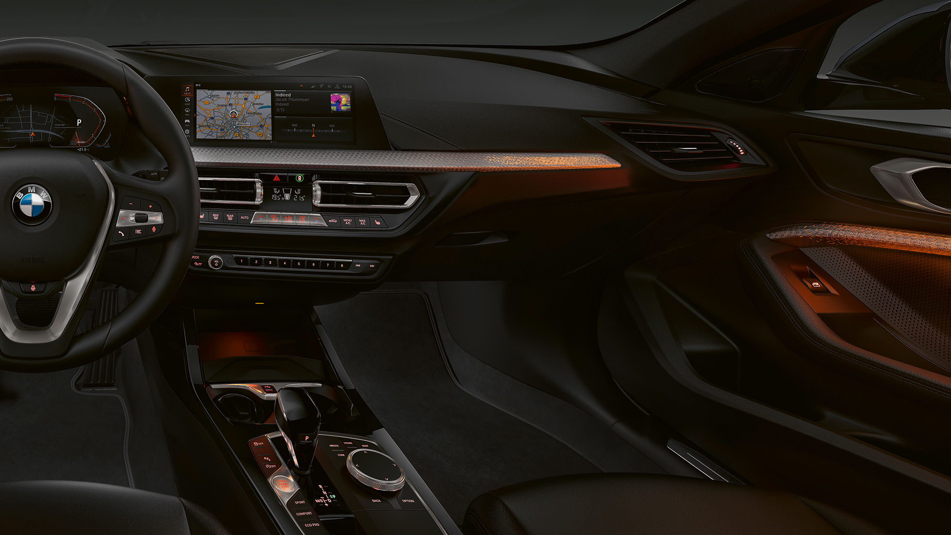 Završni elementi unutrašnje ukrasne lajsne „Illuminated Nice“. BMW serije 1 Model Luxury Line, završni elementi unutrašnje ukrasne lajsne „Illuminated Nice“.