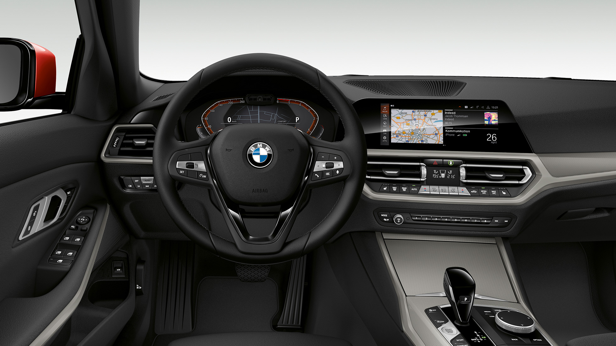 BMW Serije 3 Sedan, Model Advantage kabina. Prednji pogled izbliza na kabinu vozača u modelu BMW Serije 3 Sedan sa elementima modela Advantage.