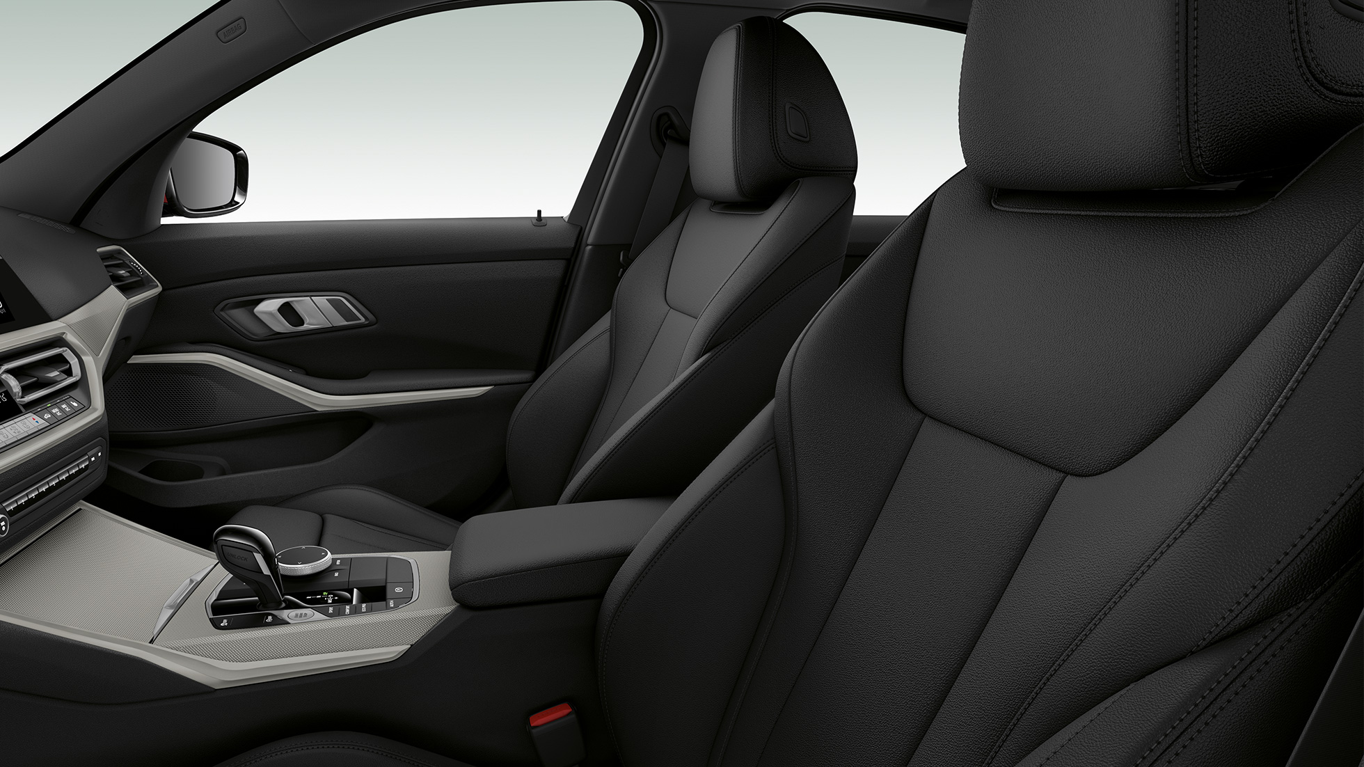 BMW Serije 3 Sedan, Model Advantage prednja sedišta. Bočni pogled izbliza na prednja sedišta modela BMW Serije 3 Sedan sa elementima modela Advantage.