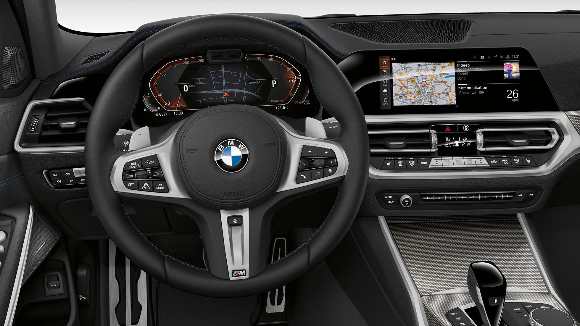 BMW Serije 3 Sedan, Model Sport Line kabina. Prednji pogled izbliza na vozačevu kabinu modela BMW Serije 3 Sedan sa elementima Modela Sport Line.