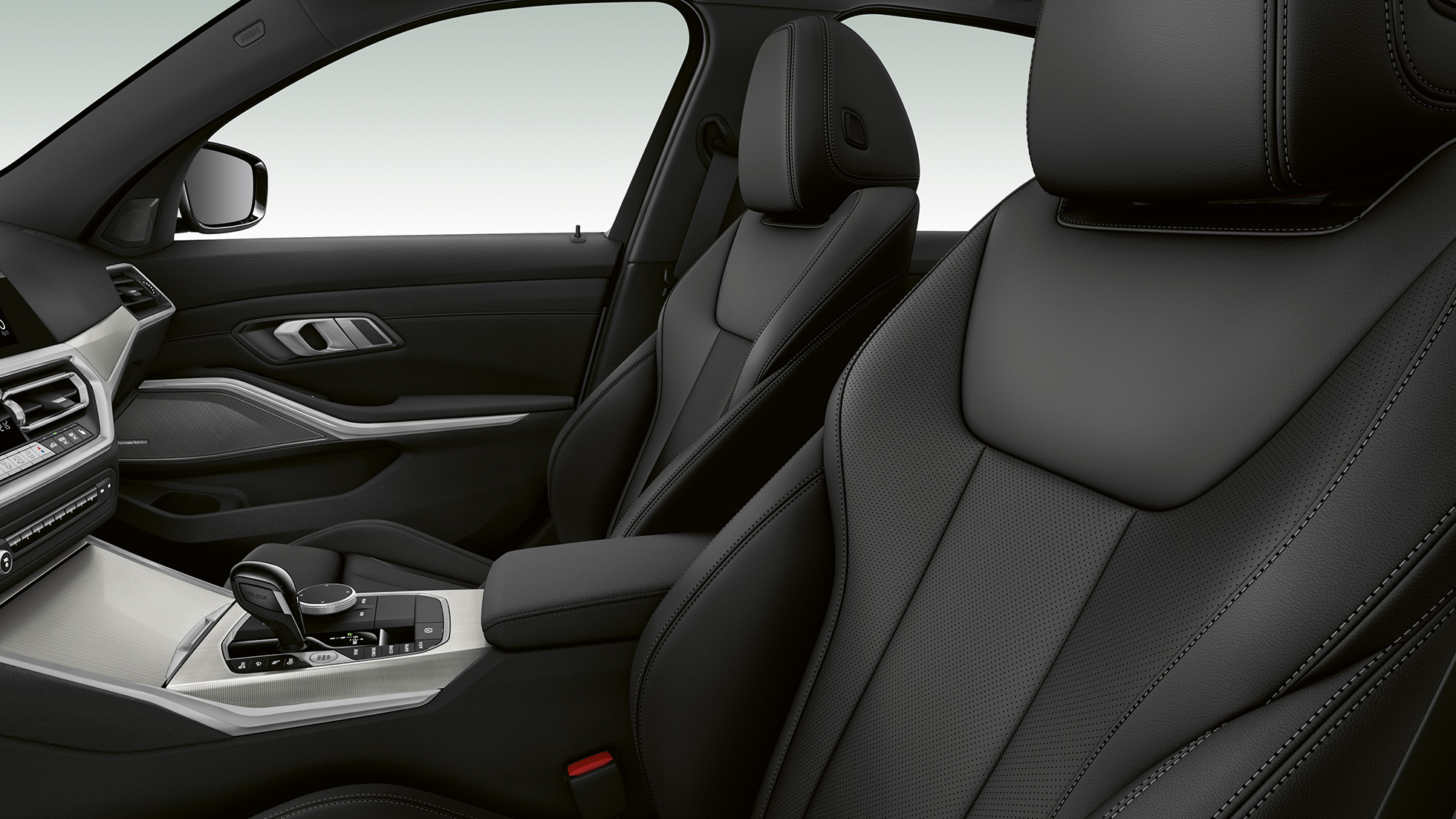 BMW Serije 3 Sedan, prednja sedišta Model Sport Line. Bočni pogled izbliza na prednja sedišta modela BMW Serije 3 Sedan sa elementima Model Sport Line.