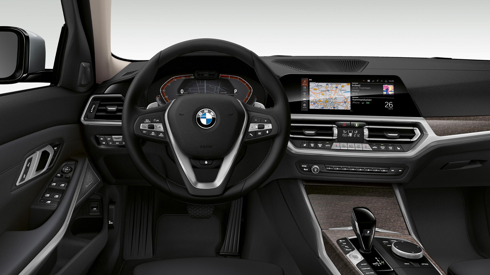 BMW Serije 3 Sedan, kabina modela Luxury Line. Pogled spreda izbliza na vozačevu kabinu modela BMW Serije 3 Sedan sa elementima Model Luxury Line.