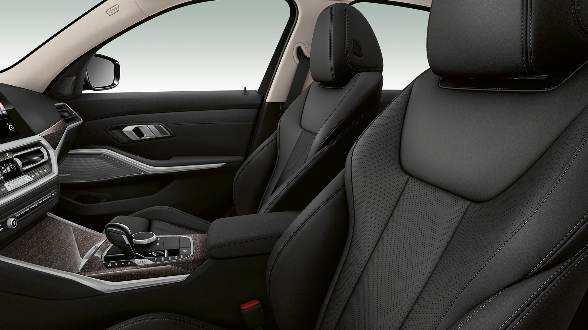 BMW Serije 3 Sedan, prednja sedišta modela Luxury Line. Bočni pogled izbliza na prednja sedišta modela BMW Serije 3 Sedan sa elementima modela Luxury Line