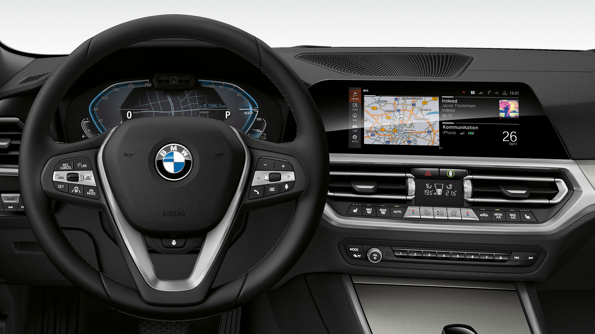 BMW Serije 3 Sedan, 330e kabina. Detaljni pogled spreda na kabinu modela BMW Serije 3 Sedan sa i-specifičnim ekranom.