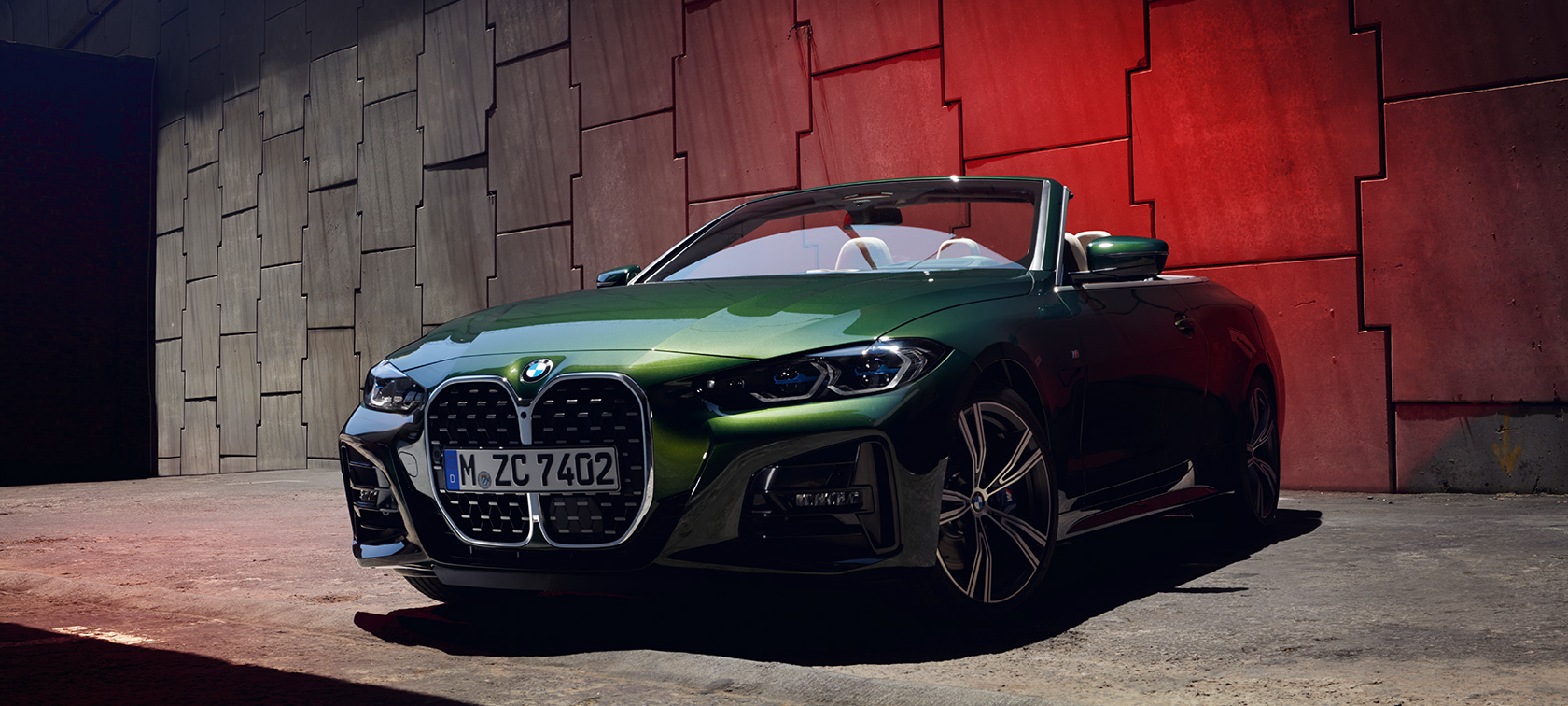 BMW kabriolet serija 4 G23 2020 pogled spreda BMW kabriolet serija 4 G23 2020 Sanremo Green metalik pogled spreda