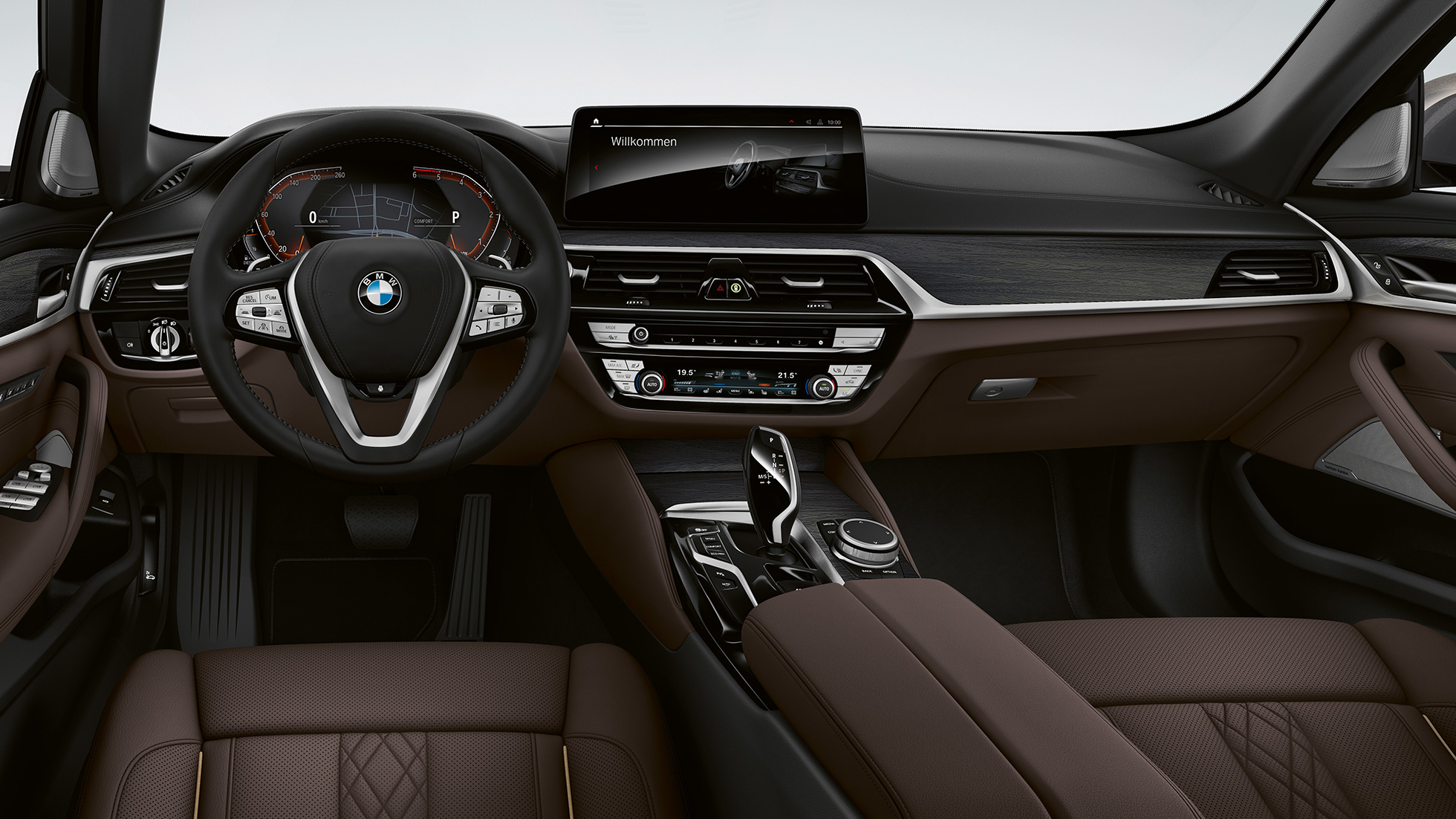 Kokpit BMW Serija 5 Sedan G30 Luxury Line Kokpit BMW Serije 5 Sedan 520d xDrive G30 2020 Luxury Line Ekskluzivna koža ‘Nappa’ Mokka ekskluzivni šavovi u kontrastu