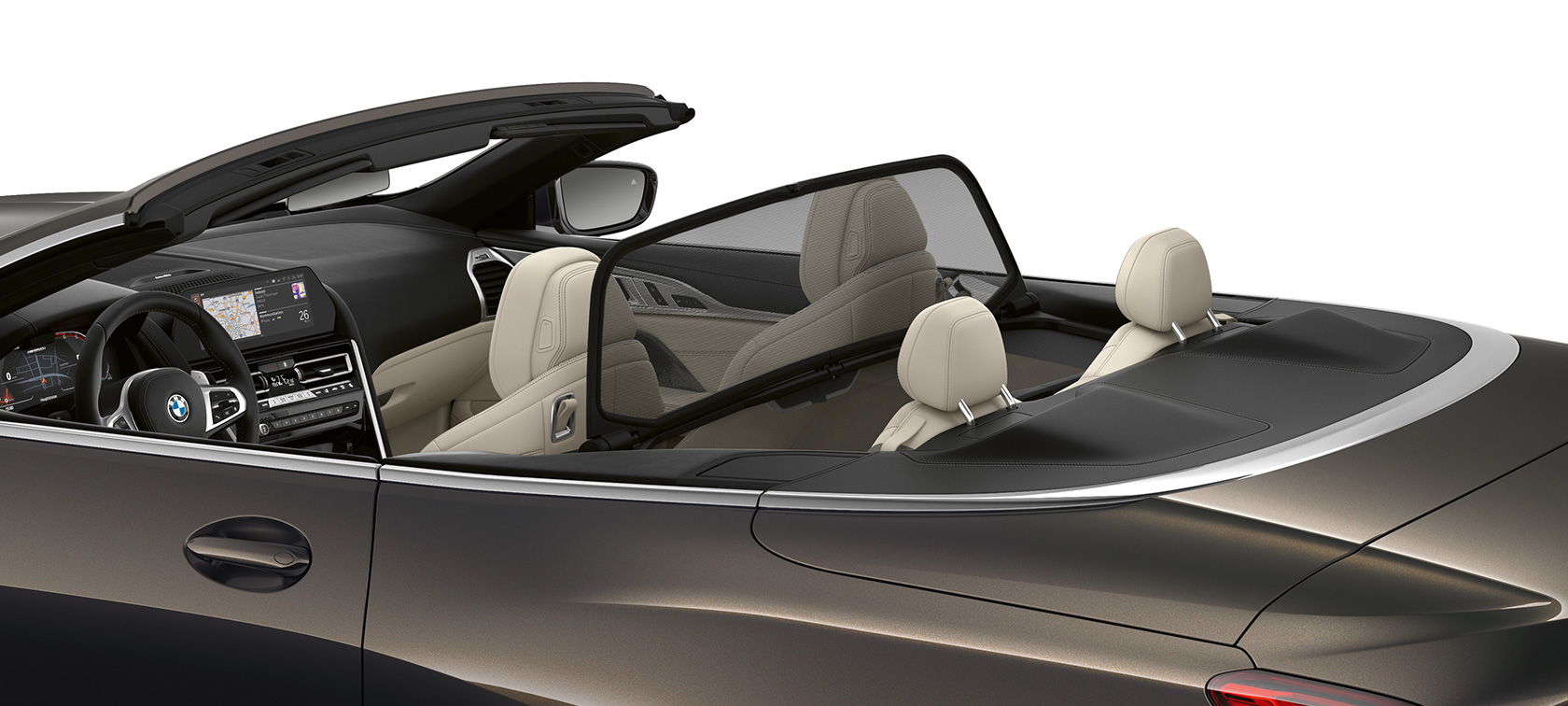 BMW M850i xDrive Dravit Grey metalizirani, pogled sa strane sa otvorenim mekim krovom. BMW M850i xDrive Dravit Grey metalizirani, pogled sa strane sa otvorenim mekim krovom.