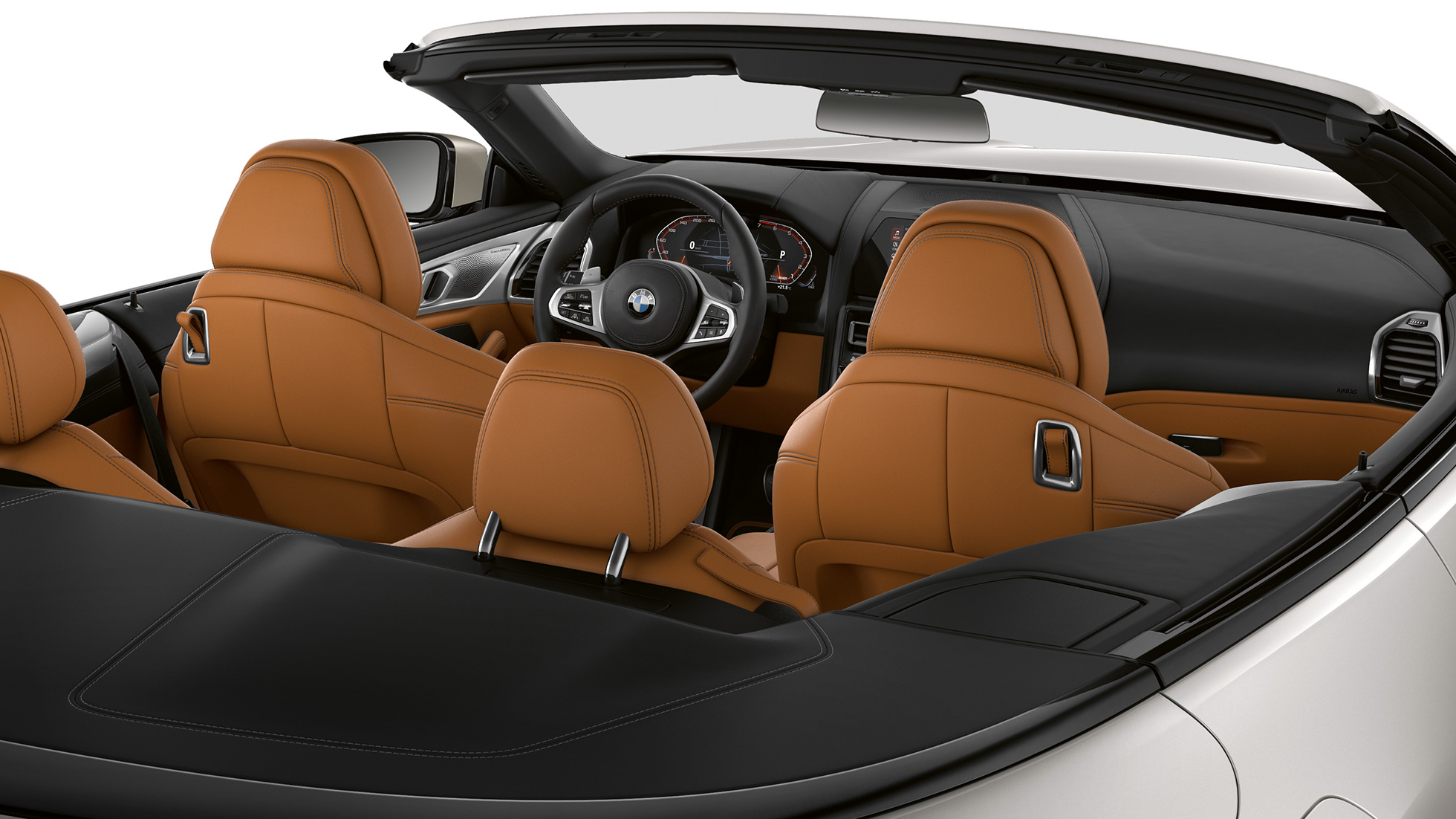 BMW M850i xDrive, enterijer sa otvorenim mekim krovom. BMW M850i xDrive, enterijer sa otvorenim mekim krovom.