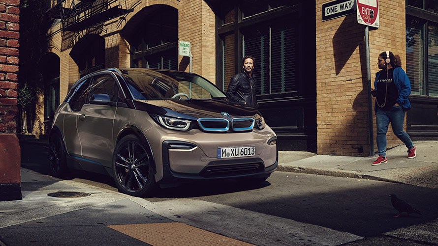 BMW i3 I01 first generation three-quarter front view in lane BMW I Series BMW i3 I01 first generation three-quarter front view in lane