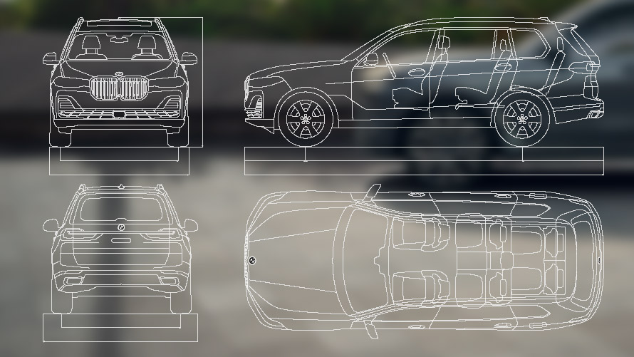 Ilustracija dimenzija vozila BMW X7 G07 LCI Ilustracija dimenzija prednje, bočne, i zadnje strane vozila i odozgo BMW X7 G07 LCI